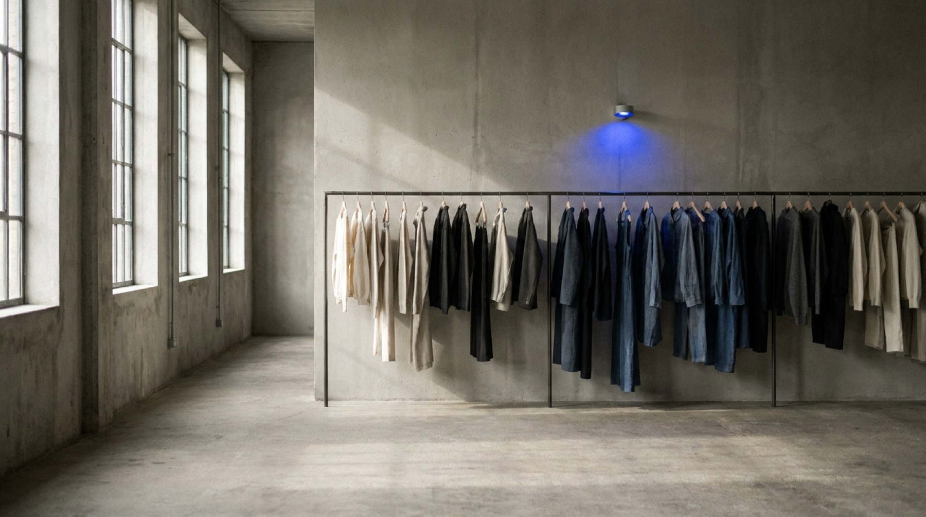 Clothing rail in a minimal concrete showroom
